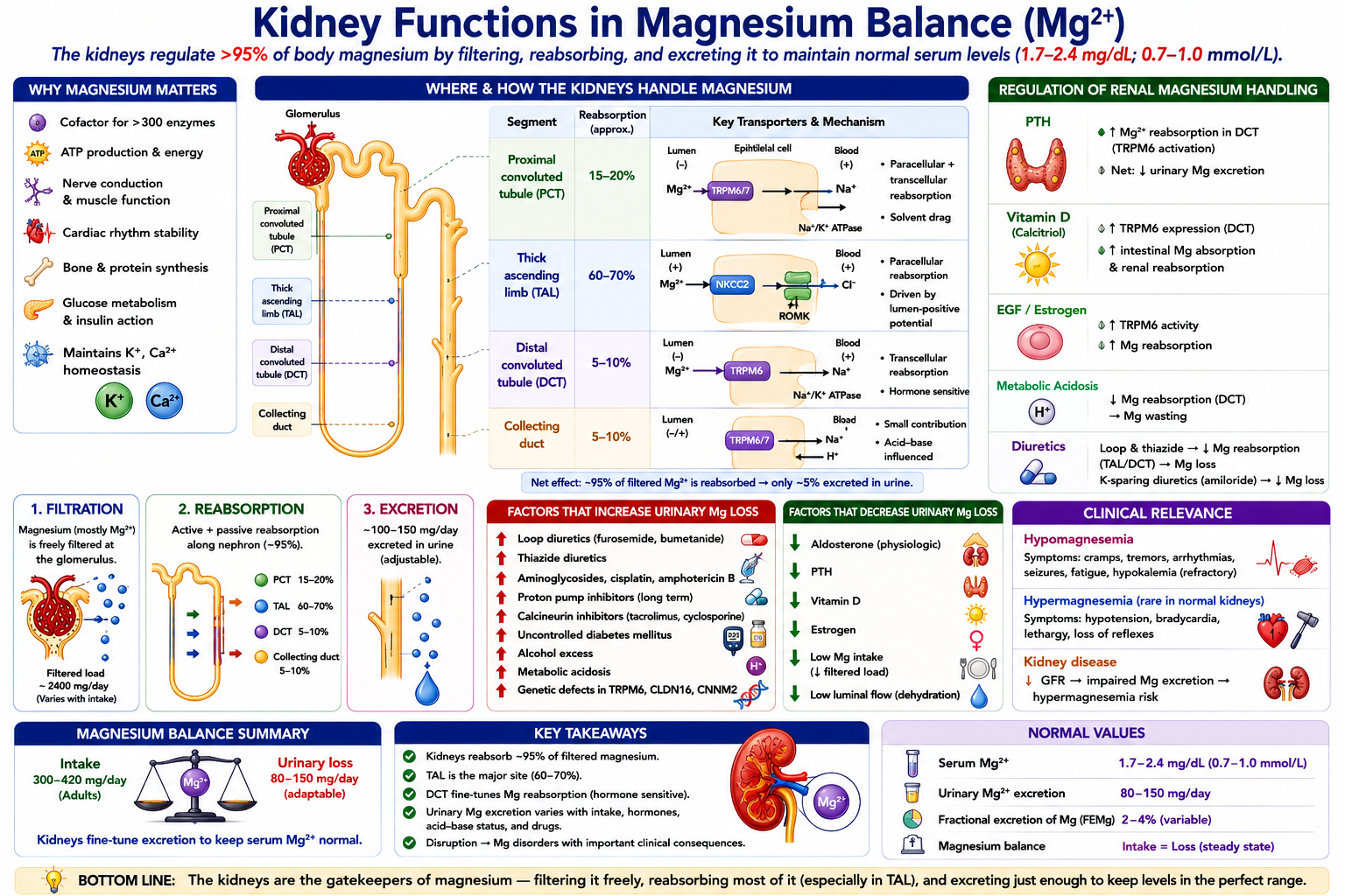 Magnesium handling — passive paracellular reabsorption in the thick ascending limb through claudin-16/19 driven by the NKCC2 lumen-positive voltage, then active fine-tuning in the distal convoluted tubule through the TRPM6 channel.