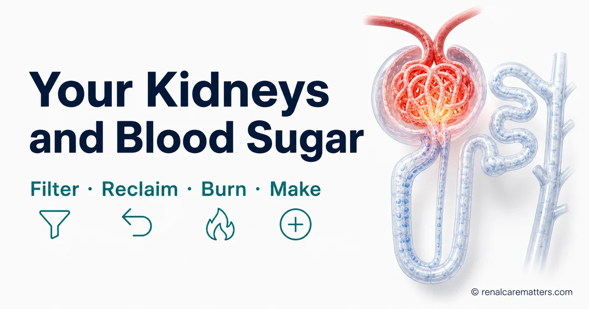The kidney's four glucose jobs — filter, reclaim, use, make — illustrated for the renalcarematters.com guide on kidney glucose homeostasis
