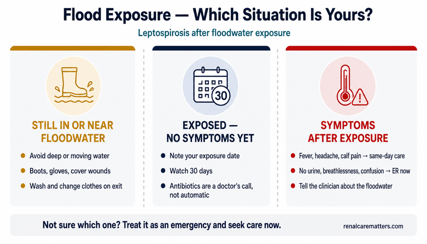 Flood exposure — which situation is yours? Three lanes: still in or near floodwater, exposed with no symptoms yet, and symptoms after exposure, each with the matching action steps.