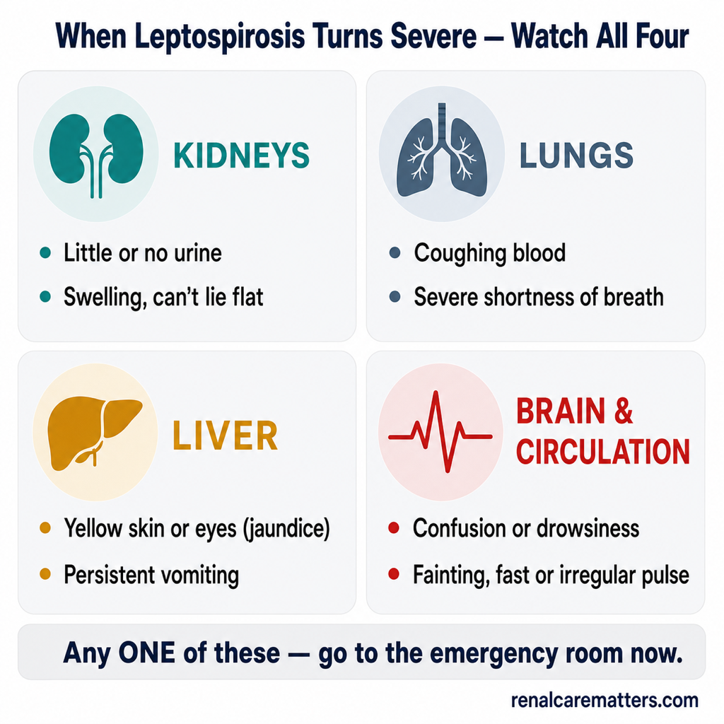 When leptospirosis turns severe, watch all four organ systems: kidneys — little or no urine, swelling; lungs — coughing blood, severe shortness of breath; liver — yellow skin or eyes, persistent vomiting; brain and circulation — confusion, fainting, irregular pulse. Any one sign means go to the emergency room now.