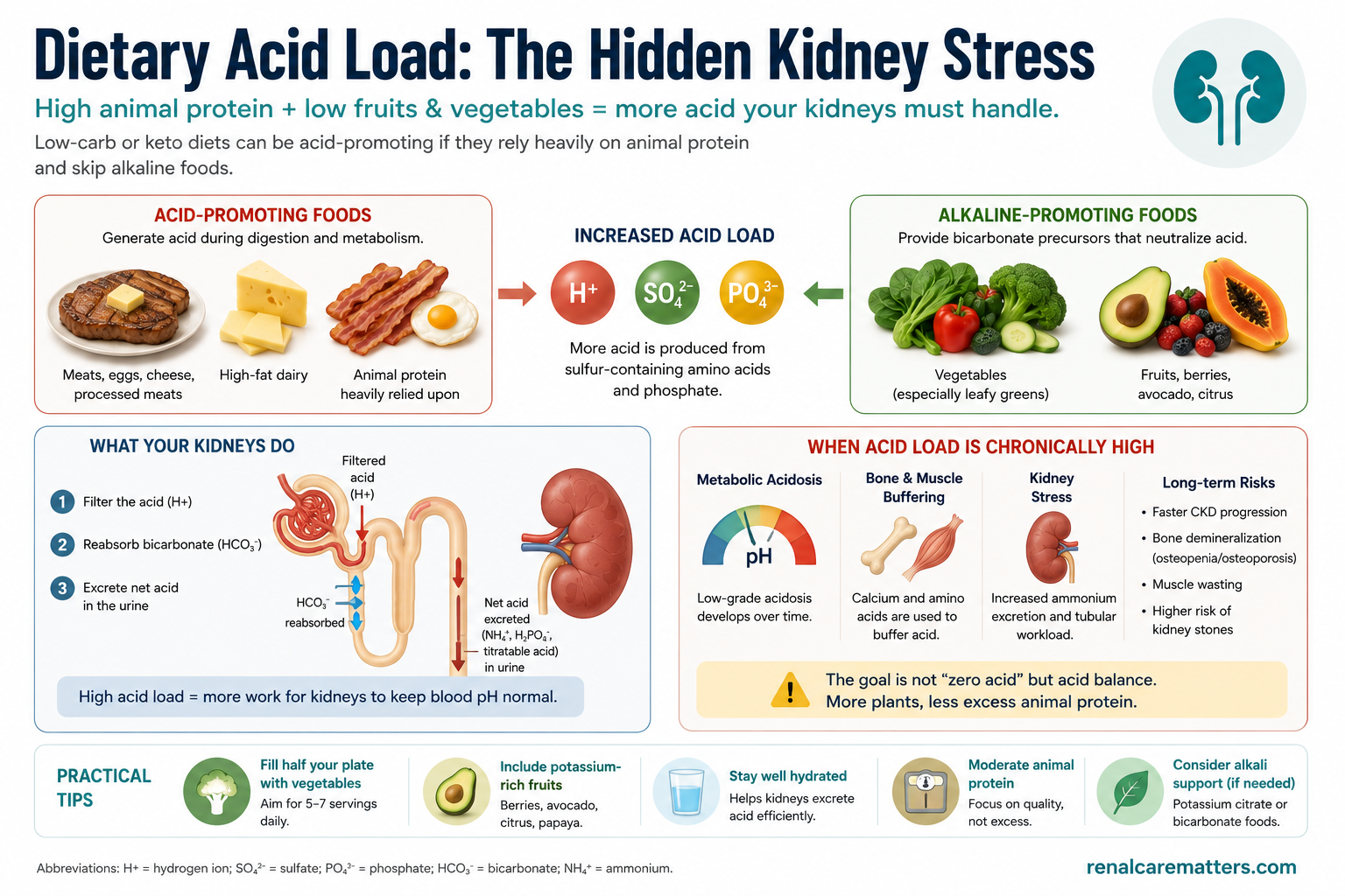 Dietary-acid-load food map: acid-forming animal proteins on the left versus base-forming fruits and vegetables on the right, with a net-acid gauge.