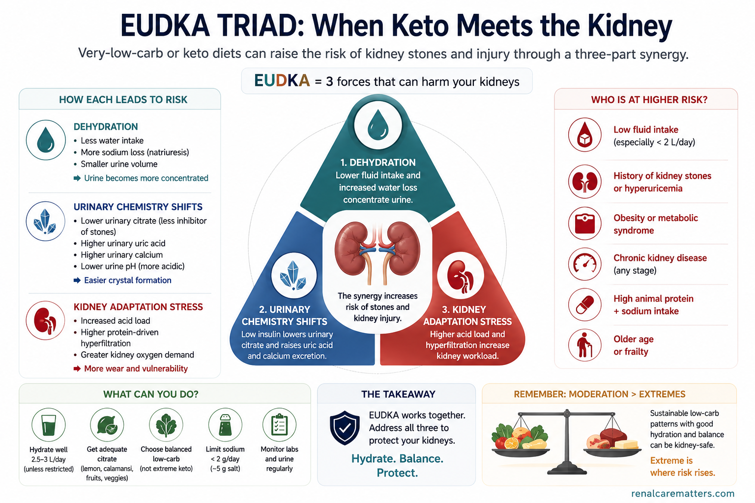 Three overlapping circles — SGLT2 inhibitor, ketogenic diet, and a trigger such as fasting or illness — meeting at a red centre labelled euglycemic DKA, which occurs at normal blood glucose.