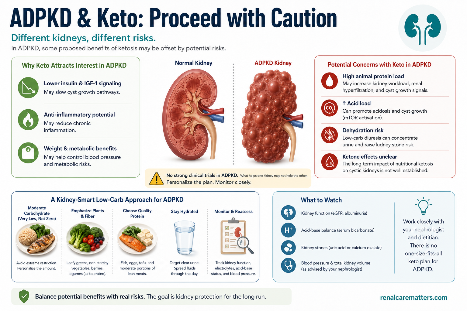 Investigational mechanism schematic: ADPKD cyst epithelium is metabolically inflexible and disfavoured by ketosis; RESET-PKD and KETO-ADPKD early human trials, clearly flagged experimental.
