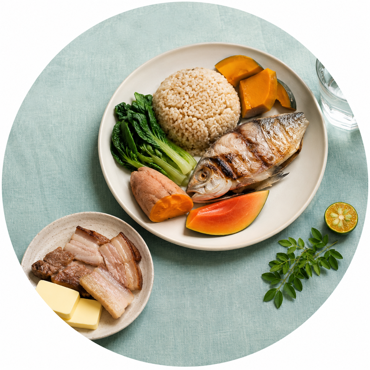 Circular vignette hero illustration for the low-carb and keto diet kidney guide.
