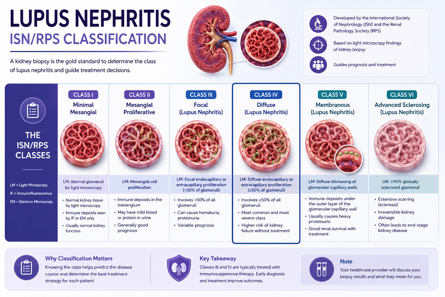 ISN/RPS lupus nephritis classification Classes I–VI: six-panel glomerulus grid with severity color coding and Filipino Class IV prevalence note