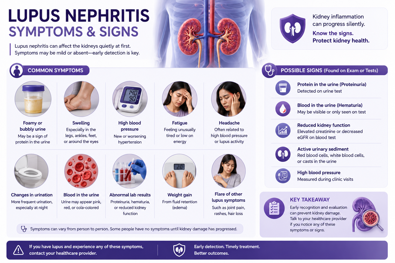 Lupus nephritis symptoms diagram: body silhouette with callouts showing foamy urine, malar rash, joint swelling, and pitting edema