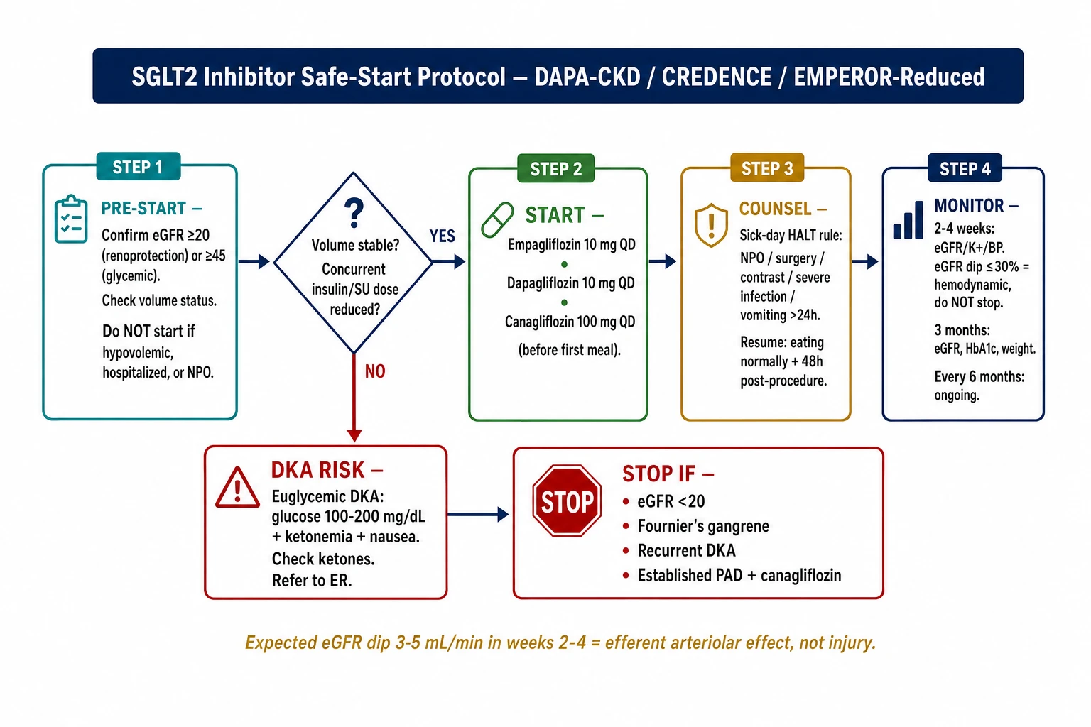 SGLT2 inhibitor safe-start protocol flowchart