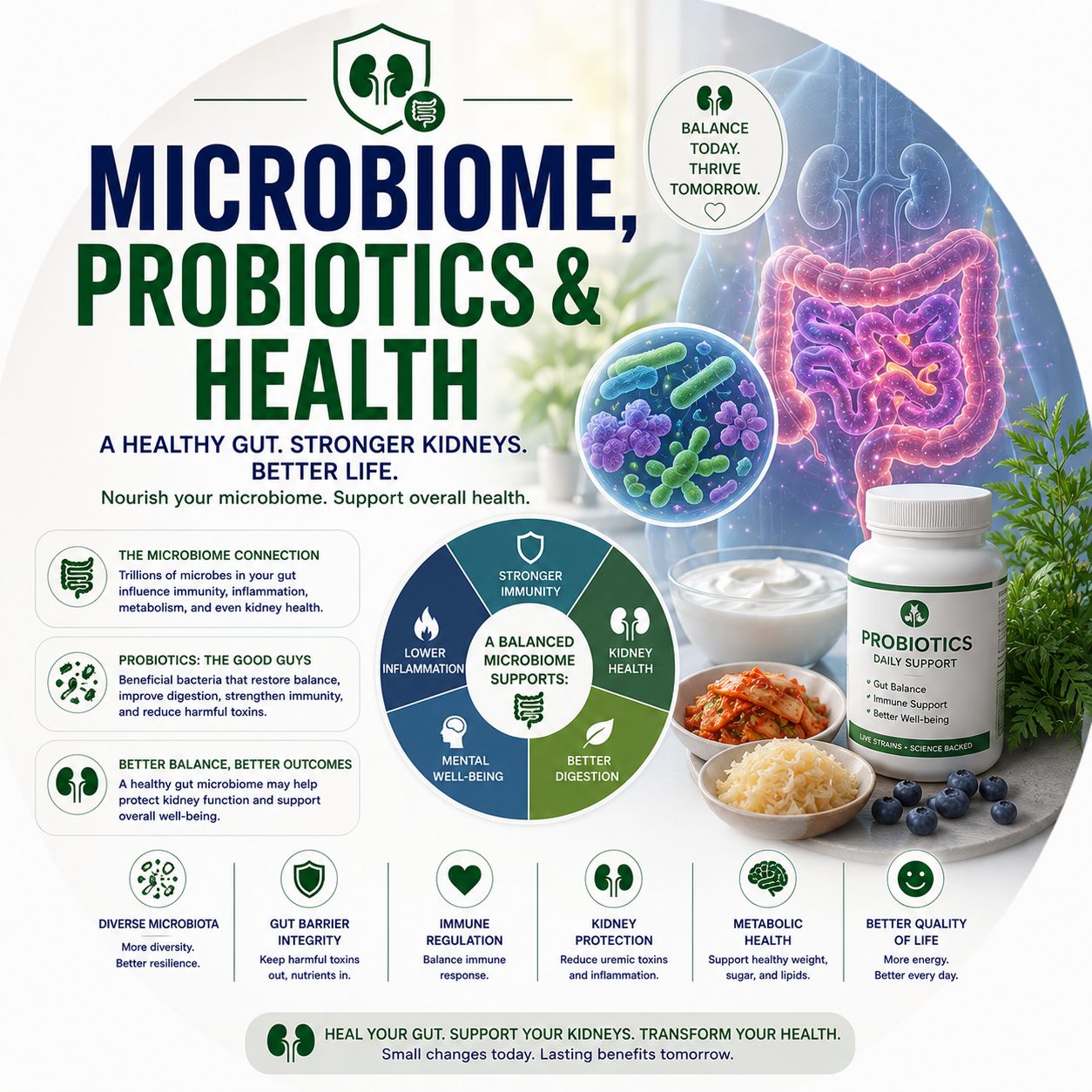 Circular vignette hero illustration for the microbiome, probiotics, and kidney health guide.