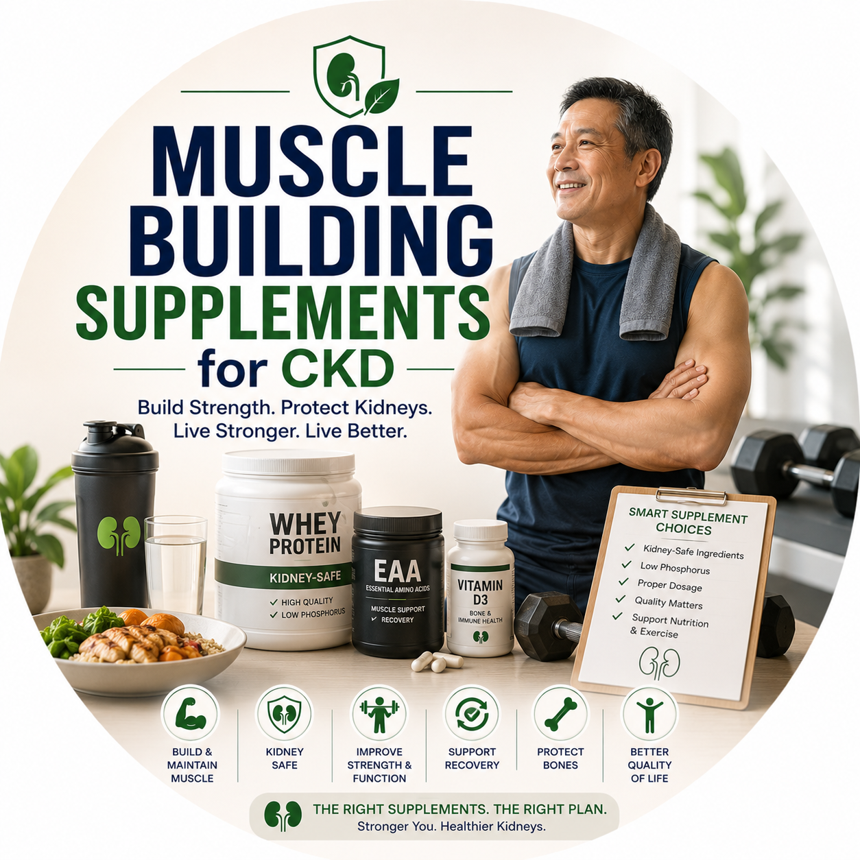 Circular vignette hero illustration for the muscle-building supplements and CKD guide.