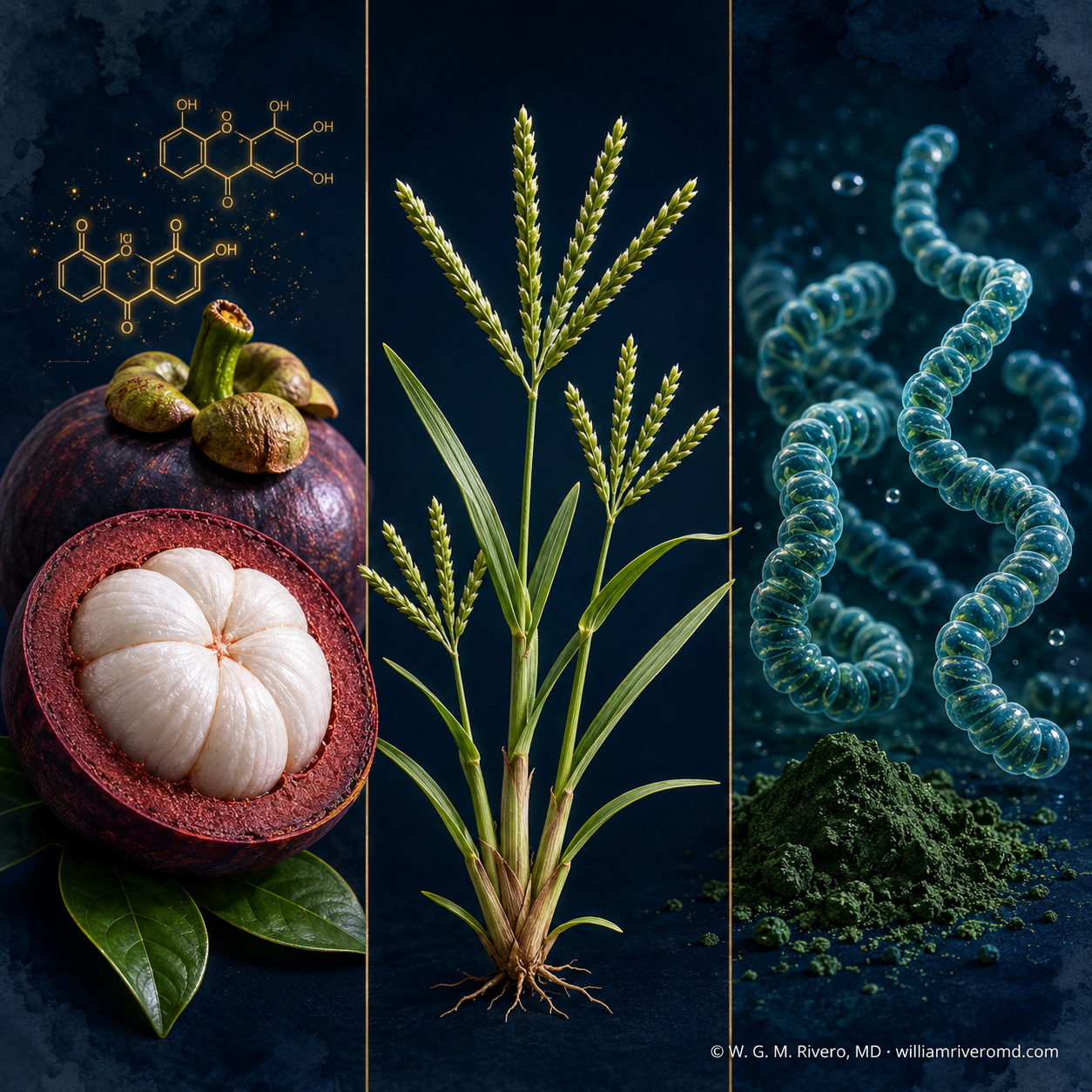 Three-panel scientific illustration: mangosteen cross-section, paragis grass, spirulina filament — botanical origins of each supplement