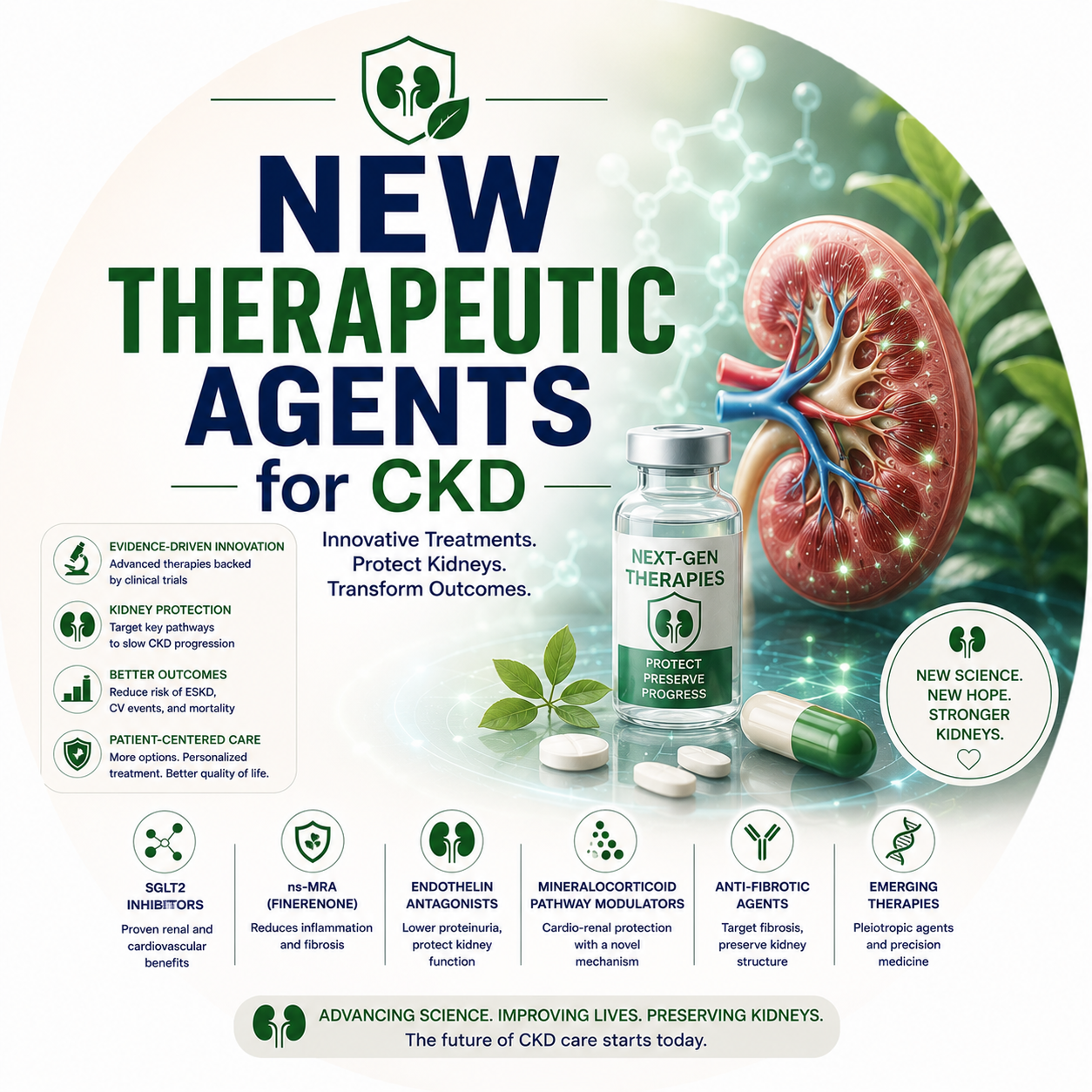Circular vignette hero illustration for the new therapeutic agents in CKD guide.
