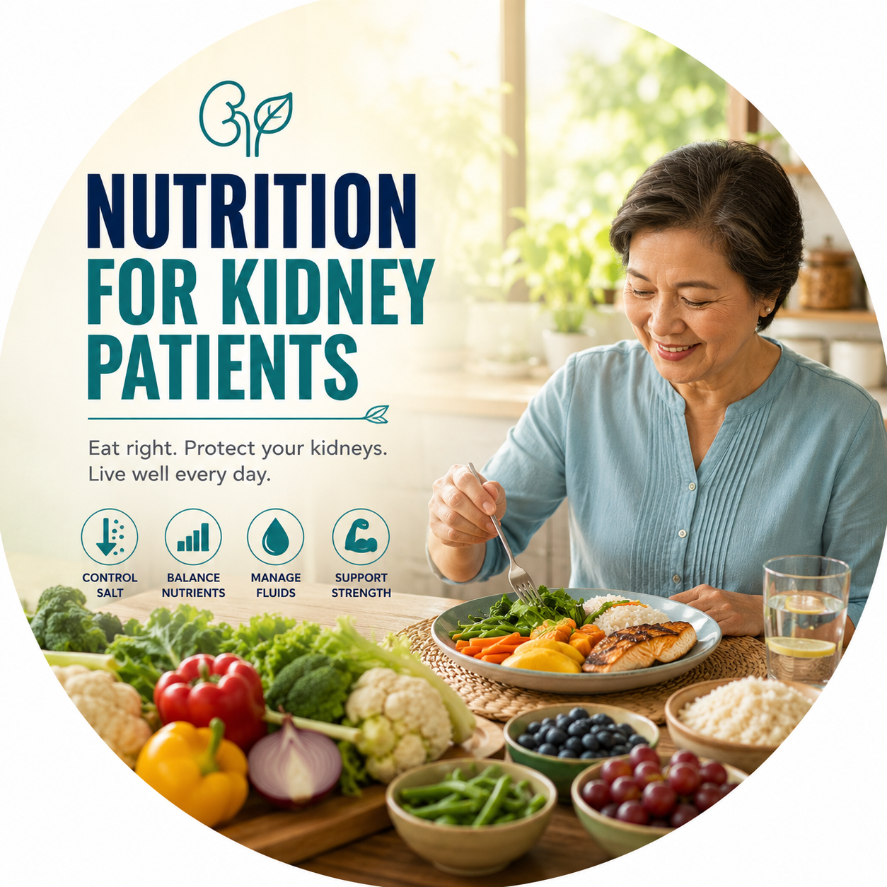 Circular vignette hero illustration for the nutrition for kidney patients guide.