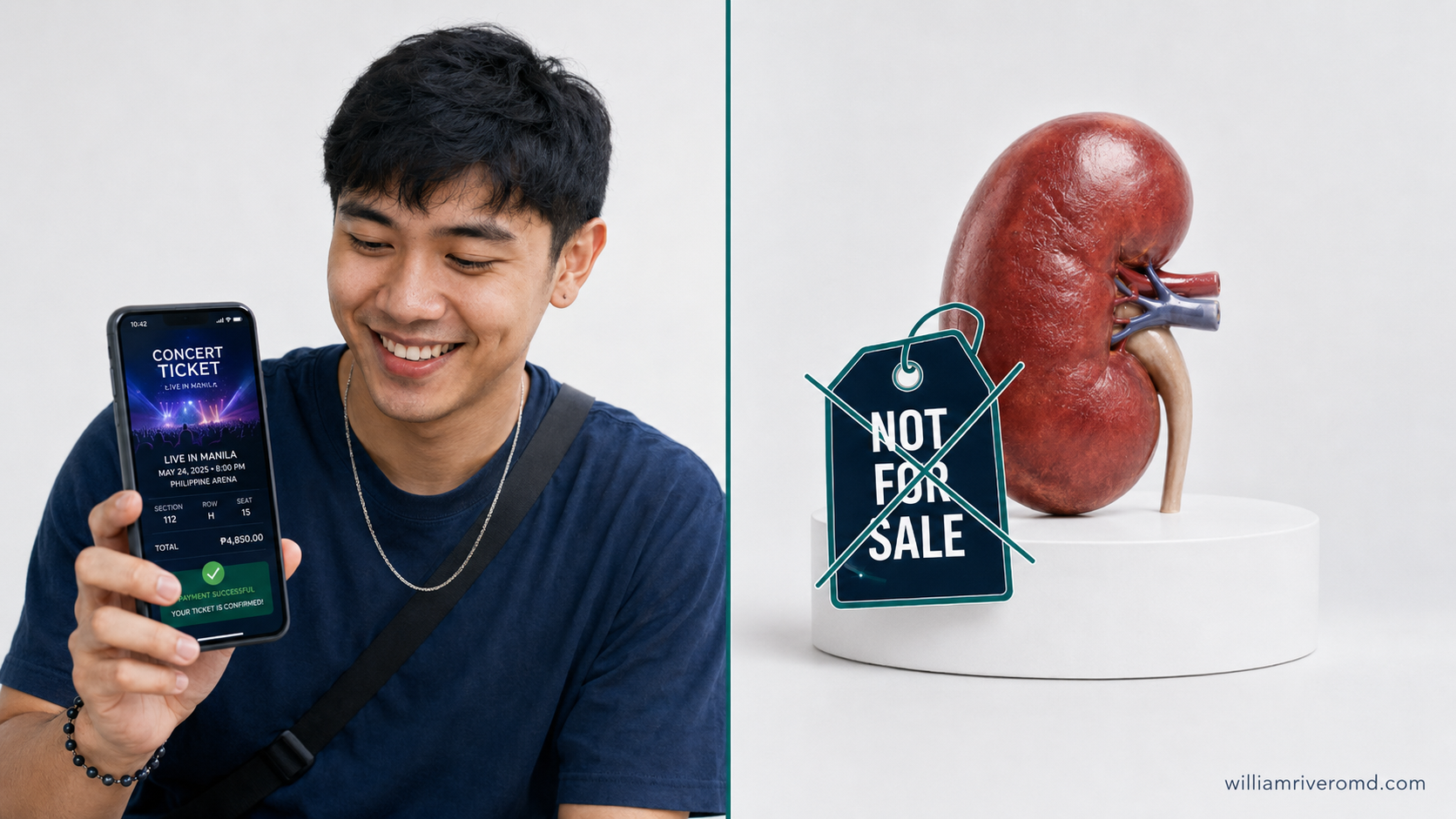 Split editorial image: a young Filipino buying concert tickets on a phone beside a 3D kidney behind a crossed-out price tag labelled Not For Sale — organs are a gift, never merchandise