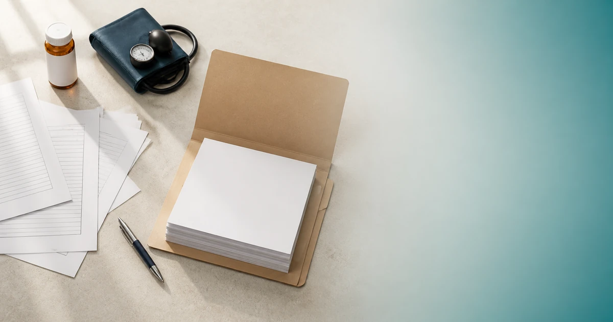 Scattered laboratory slips, prescriptions and hospital papers resolving into one clear medical summary, timeline and folder.