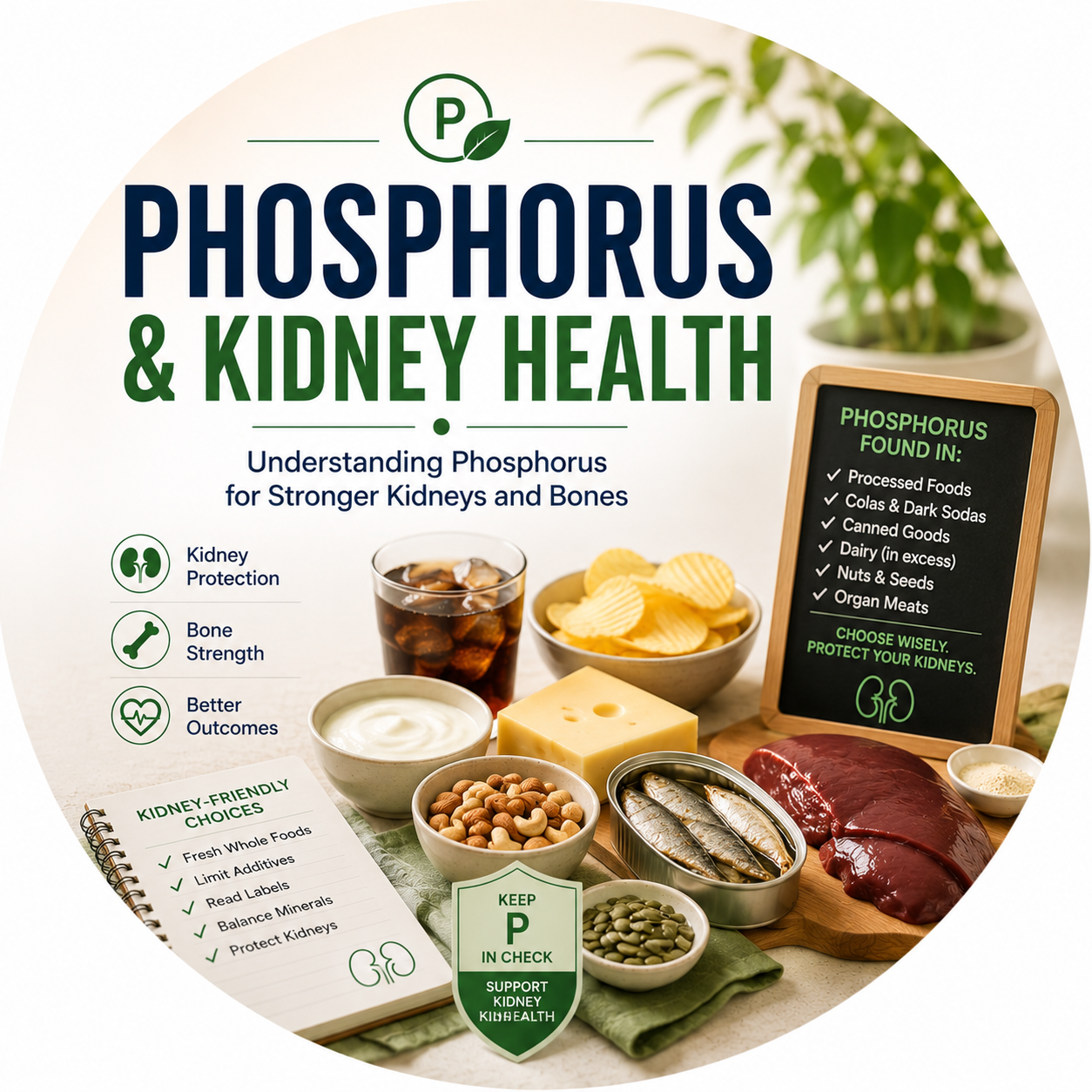 Circular vignette hero illustration for the phosphorus in CKD guide.