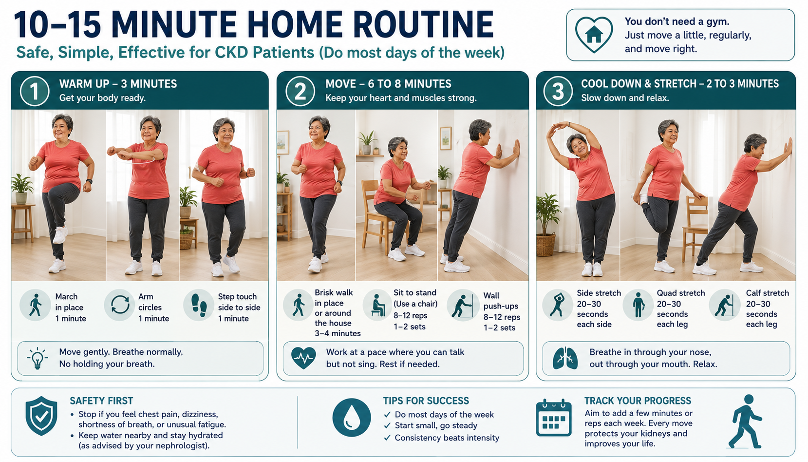 Three-panel home routine: chair-based moves, standing bodyweight exercises, and balance and fall-prevention drills, illustrated with a Filipino patient.