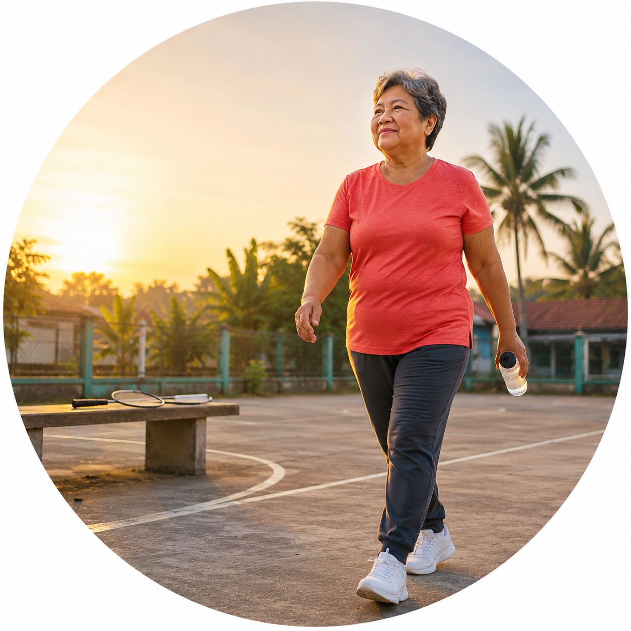 Circular vignette hero illustration — a Filipino kidney patient walking briskly in a barangay park at sunrise.