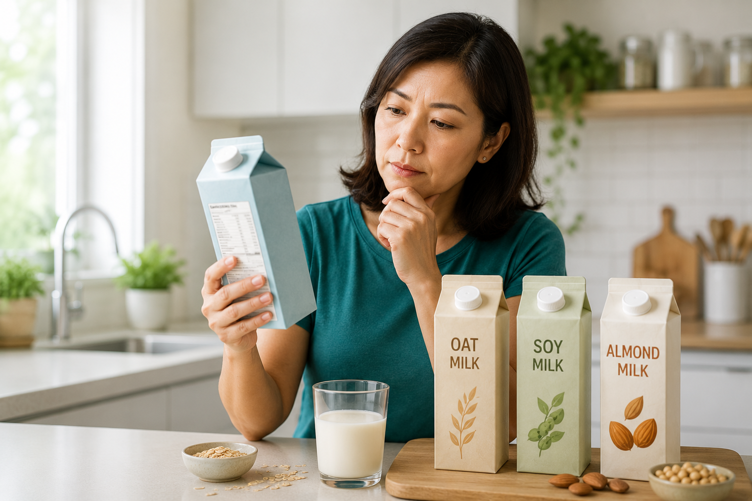 A row of oat, almond, soy, rice, and coconut milk cartons on a shelf, with a shopper reading the fine-print ingredient list through a magnifying glass.