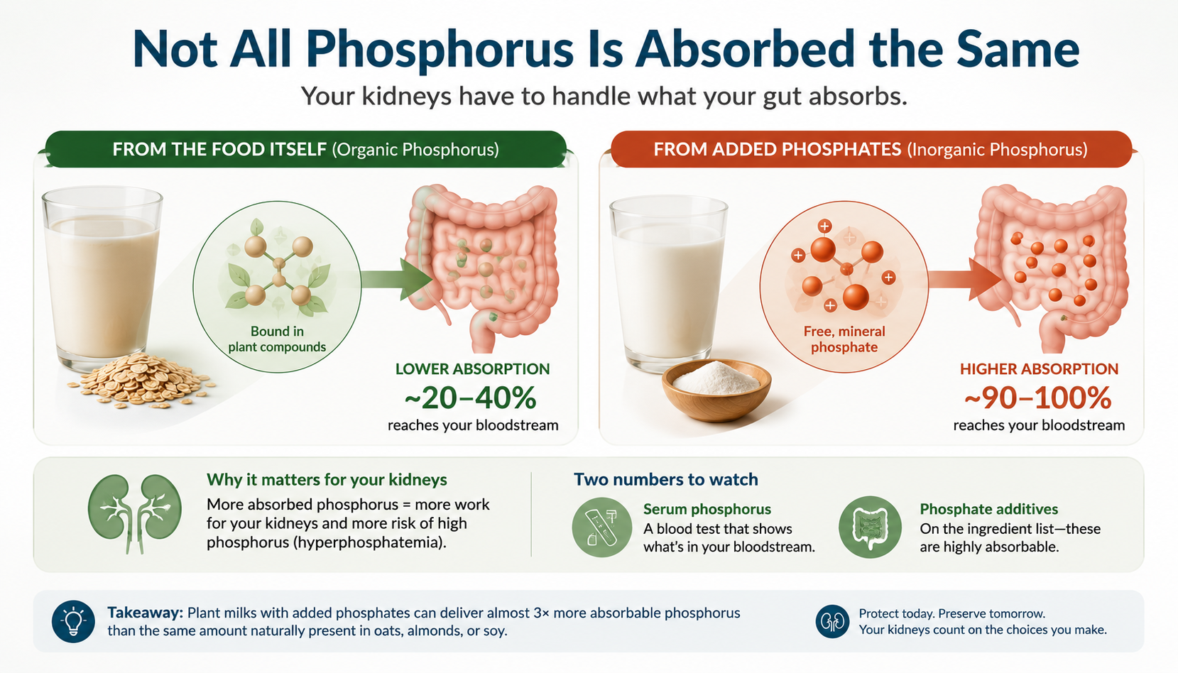 Comparison of phosphorus absorption by source: inorganic phosphate additives about 90 to 100 percent absorbed, animal-protein-bound about 40 to 60 percent, plant phytate-bound about 20 to 40 percent; plus additive-containing plant milks at 58.5 versus 7.4 mg phosphorus per 100 g in additive-free versions.