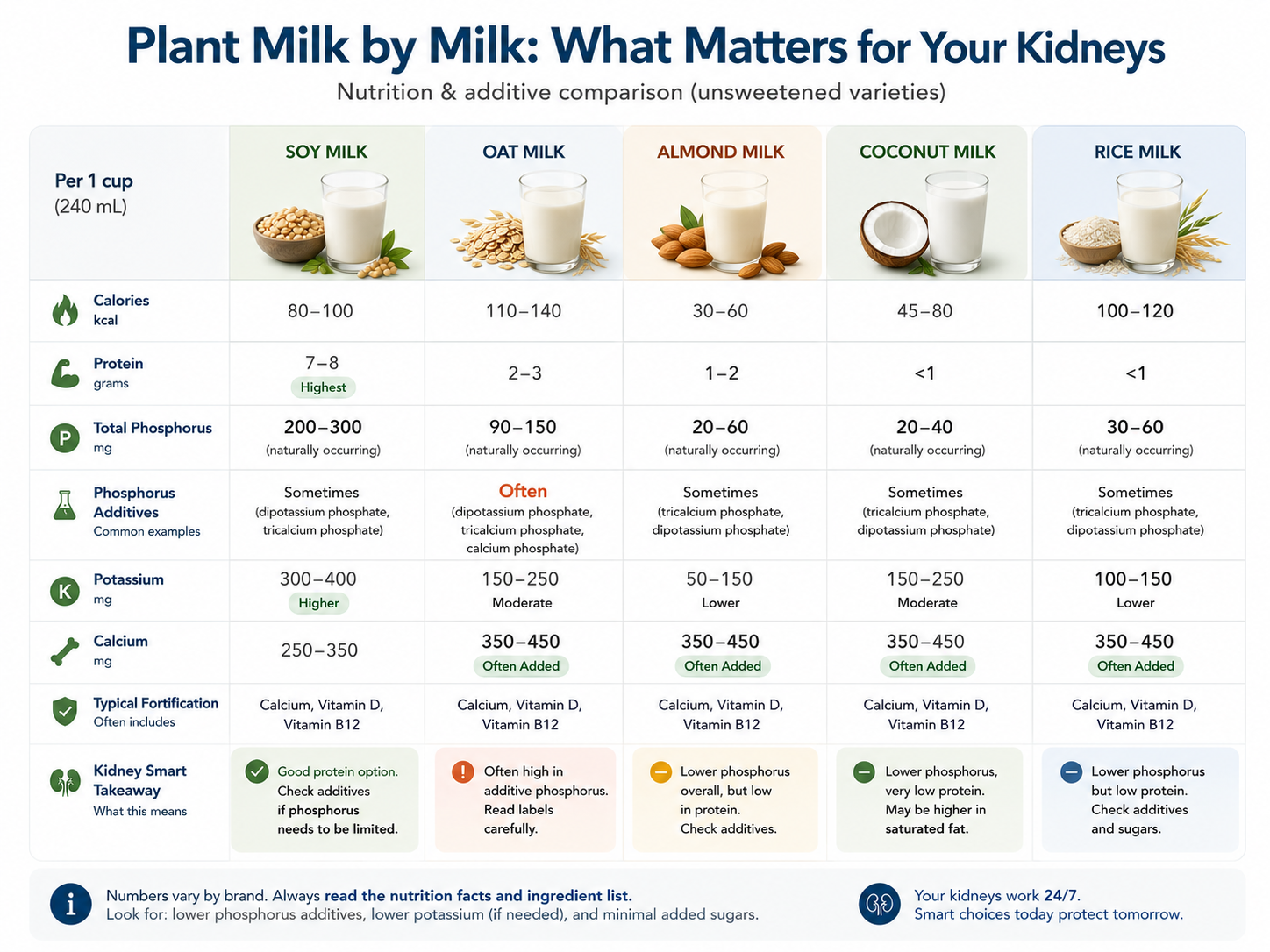 Matrix comparing eight plant milks (soy, oat, macadamia, coconut, almond, cashew, hemp, rice) across protein per cup, oxalate tier, phosphate-additive risk, and best-fit CKD verdict.