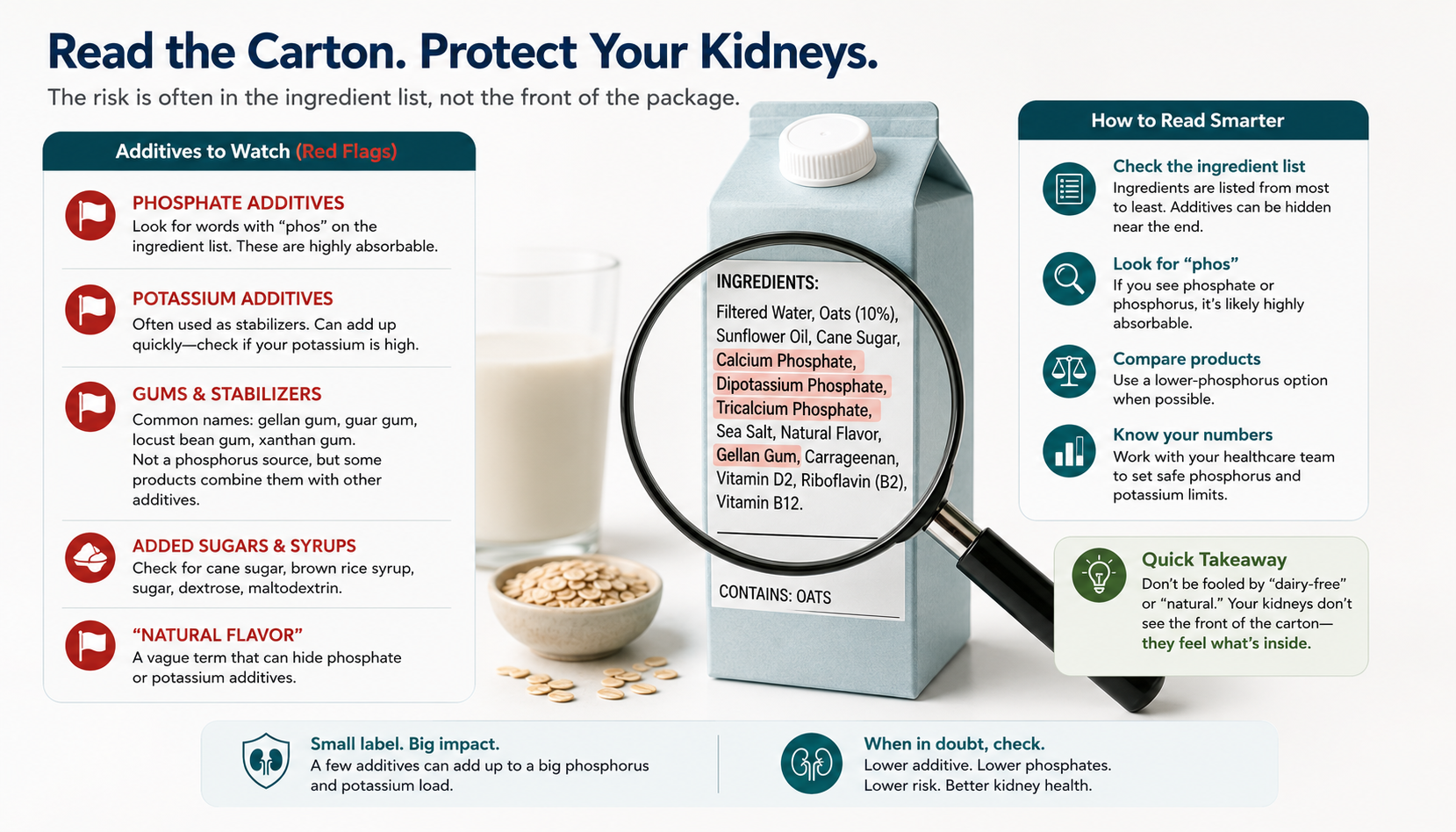 A clean plant-milk ingredient list (water, soybeans, calcium carbonate) beside a flagged one, with dipotassium phosphate, tricalcium phosphate and carrageenan highlighted in red.