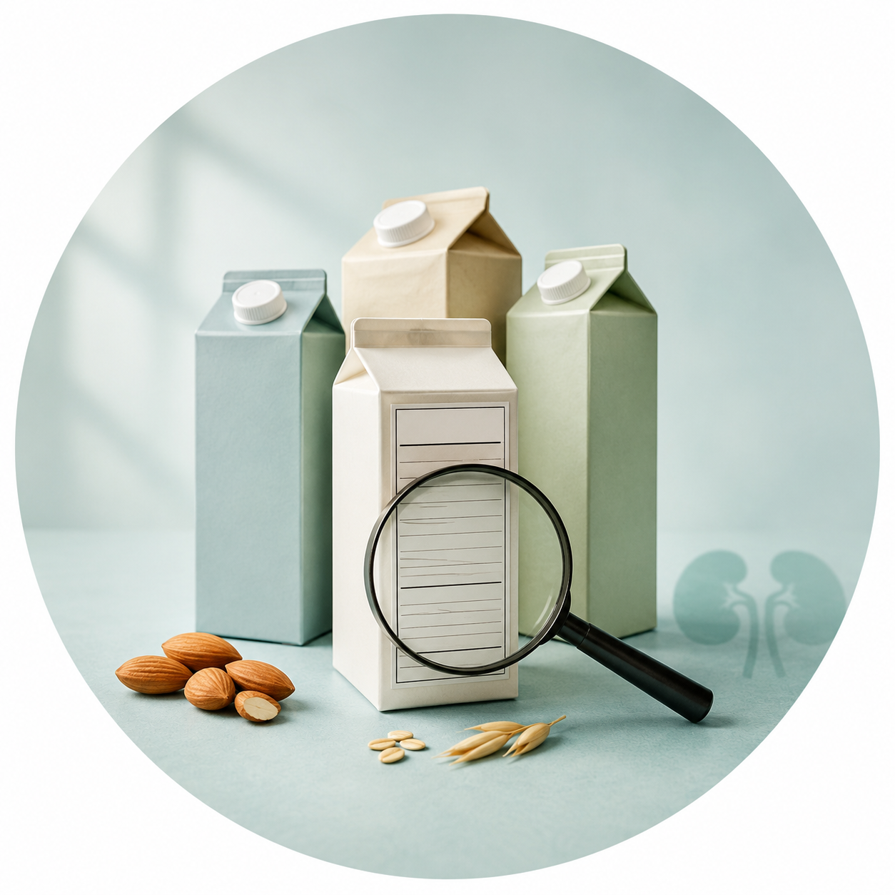 Circular vignette hero illustration for the plant milk and kidney disease guide — cartons of non-dairy milk beside a magnifying glass over an ingredient list.