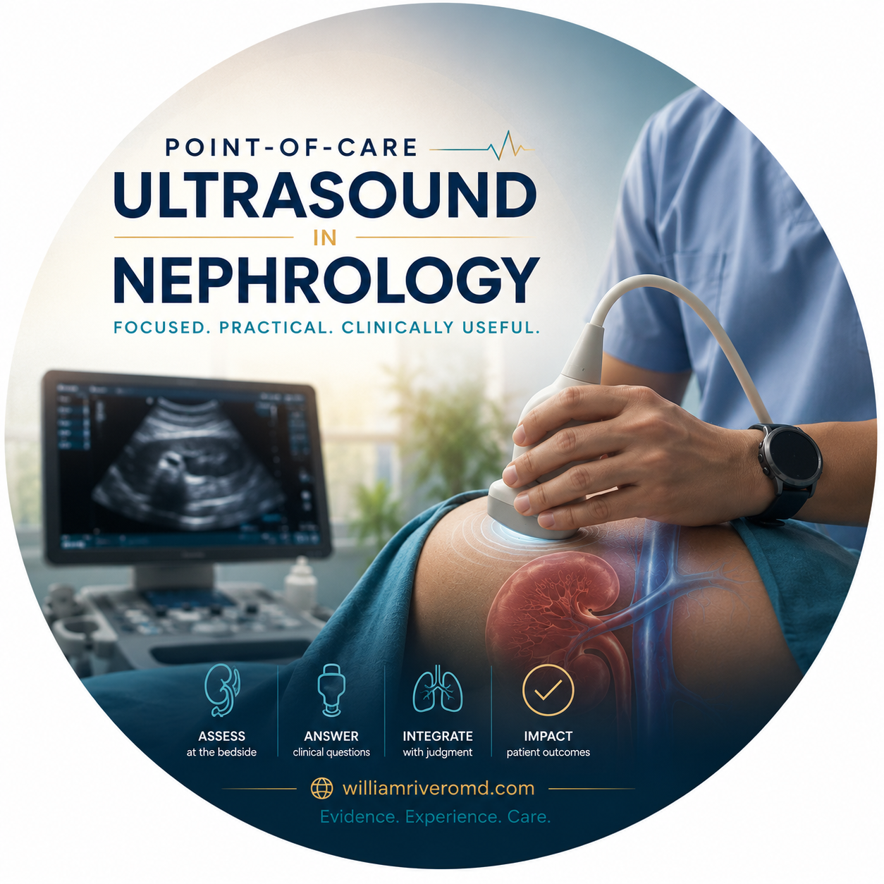 Circular vignette hero illustration for the POCUS in nephrology field guide — a clinician's hand holding a curvilinear ultrasound probe over a translucent kidney with overlaid B-lines and a Doppler waveform, in calm clinical light.