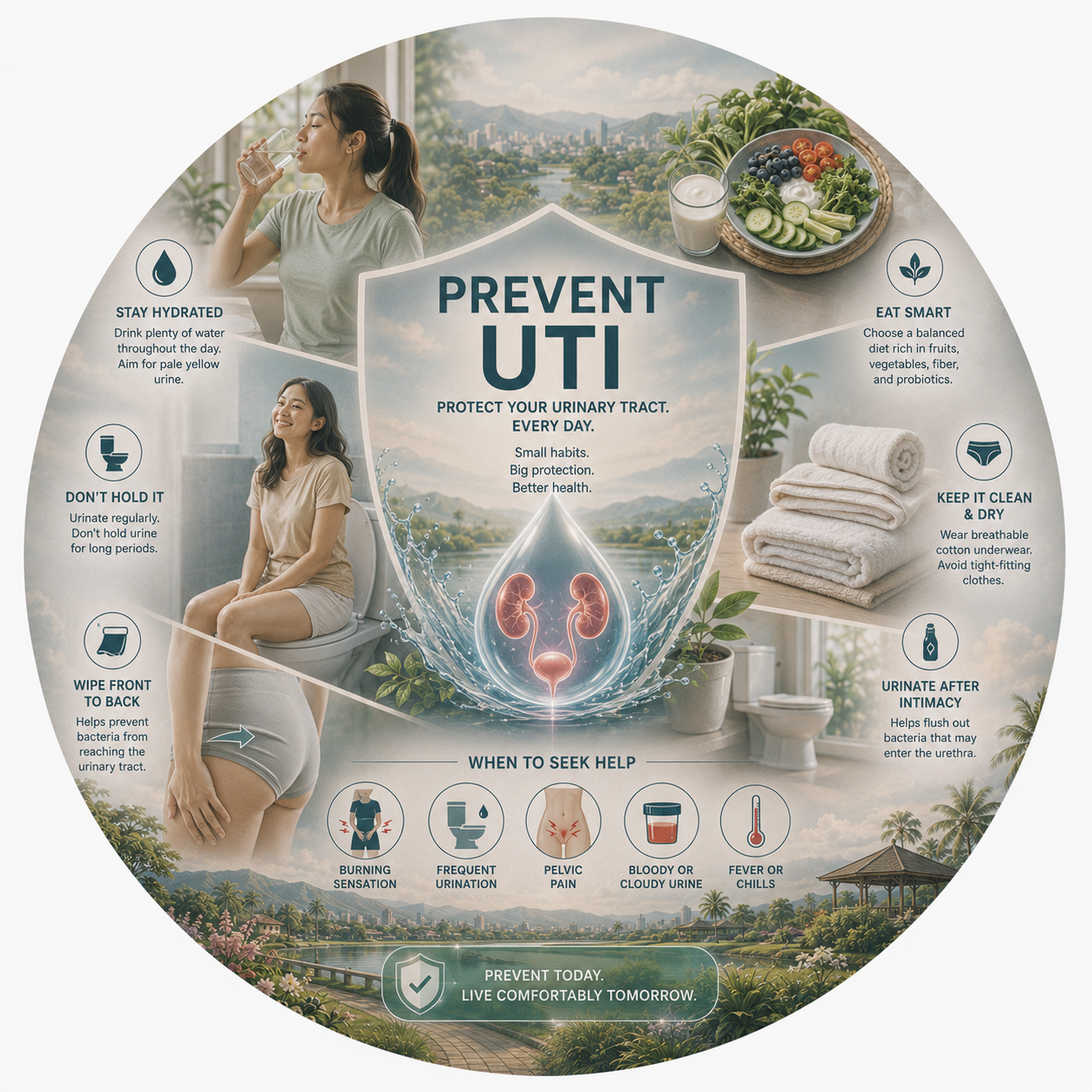 Circular vignette hero illustration for the preventing recurrent UTI guide.