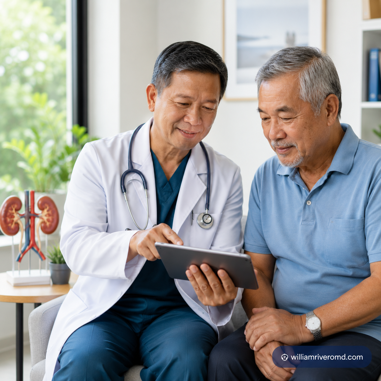 Filipino nephrologist and older male patient reviewing kidney and prostate cancer results together in a bright clinic