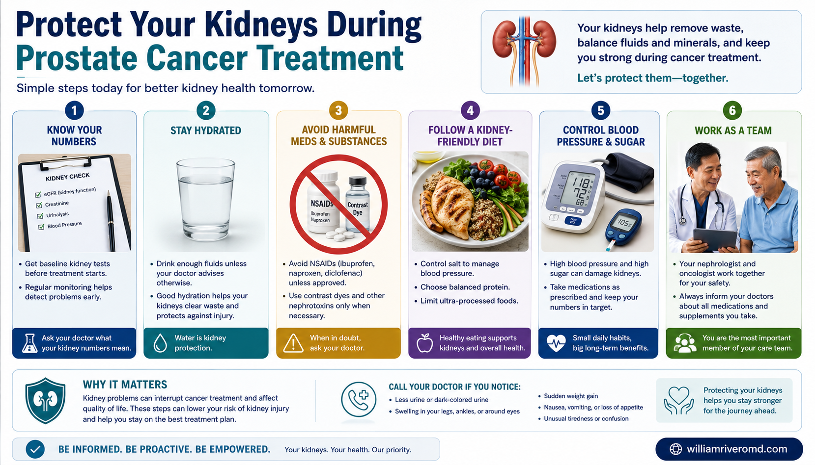 Infographic of six ways to protect the kidneys during prostate cancer treatment: monitoring, hydration, avoiding NSAIDs, dose adjustment, care coordination, and warning signs