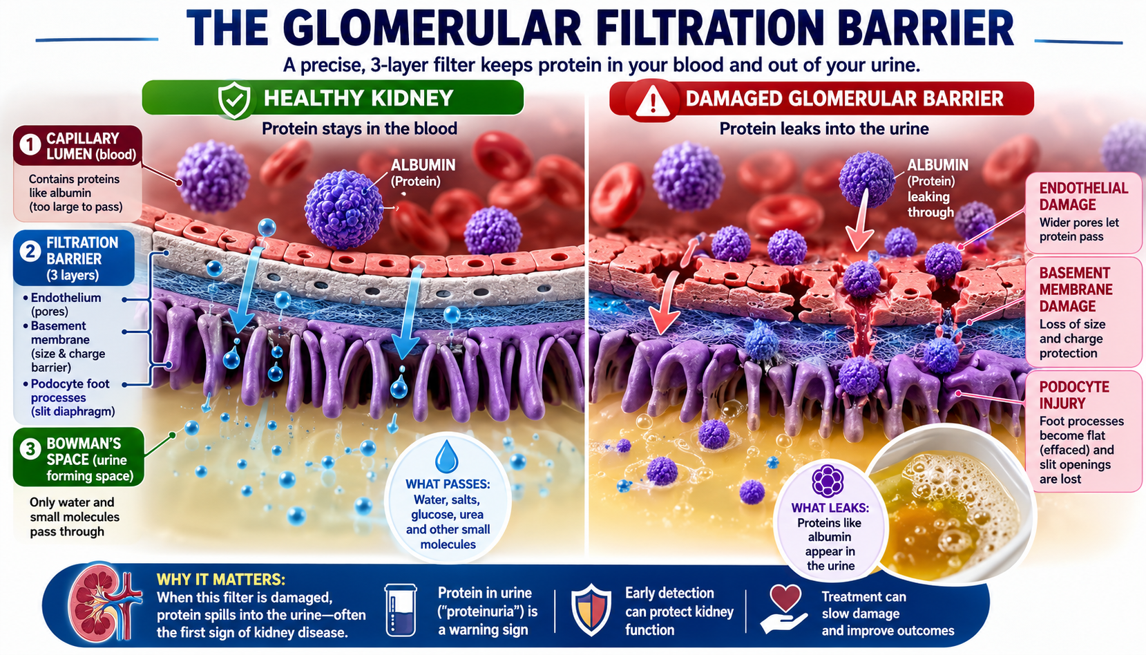 The Glomerular Filtration Barrier — Normal vs Damaged: left panel shows intact teal filtration membrane blocking red albumin spheres from entering Bowman's space; right panel shows damaged membrane with gaps allowing albumin to leak through into foamy urine