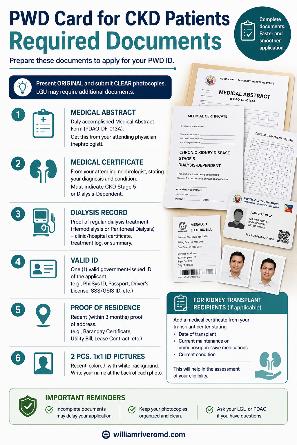 Required documents checklist for a PWD card: accomplished PWD registration form, medical certificate from a licensed nephrologist stating CKD Stage 5 or dialysis-dependent, dialysis record, valid government ID, proof of residence, and two 1x1 ID photos