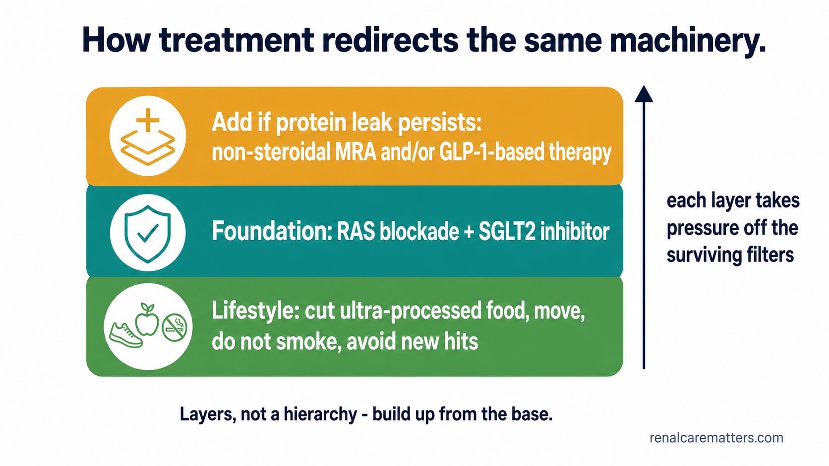 A layered stack — lifestyle at the base, RAS blockade plus an SGLT2 inhibitor as the foundation, and a non-steroidal MRA or GLP-1-based therapy layered on top when protein leak persists — each layer taking pressure off the surviving filters.