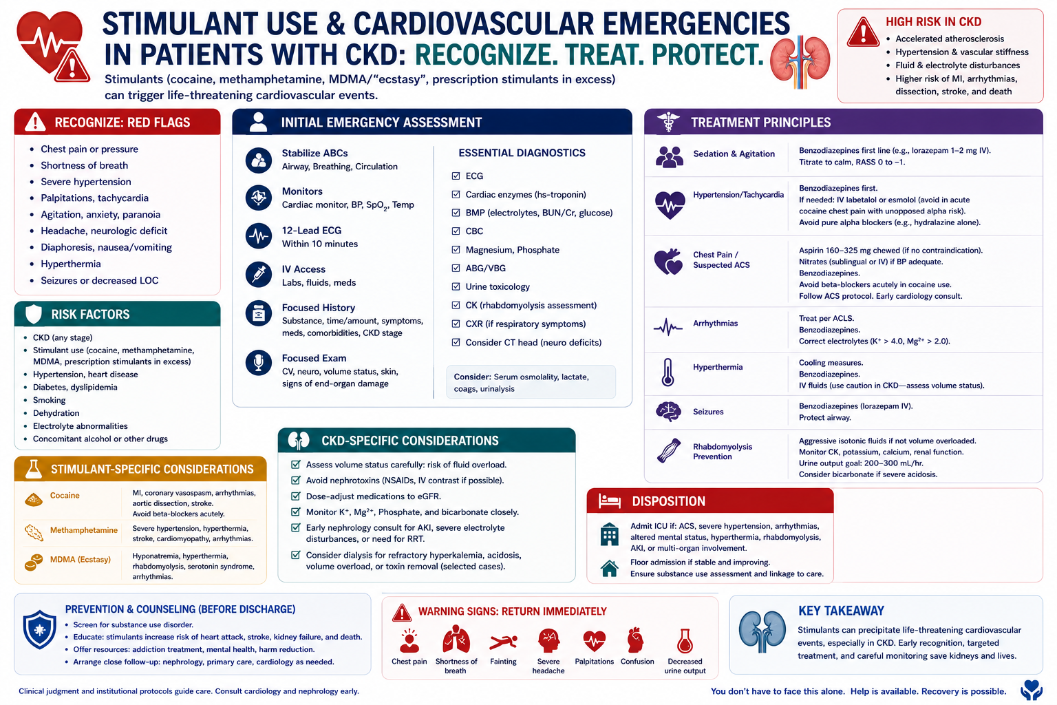 Reference card: stimulant cardiovascular emergency do/avoid.