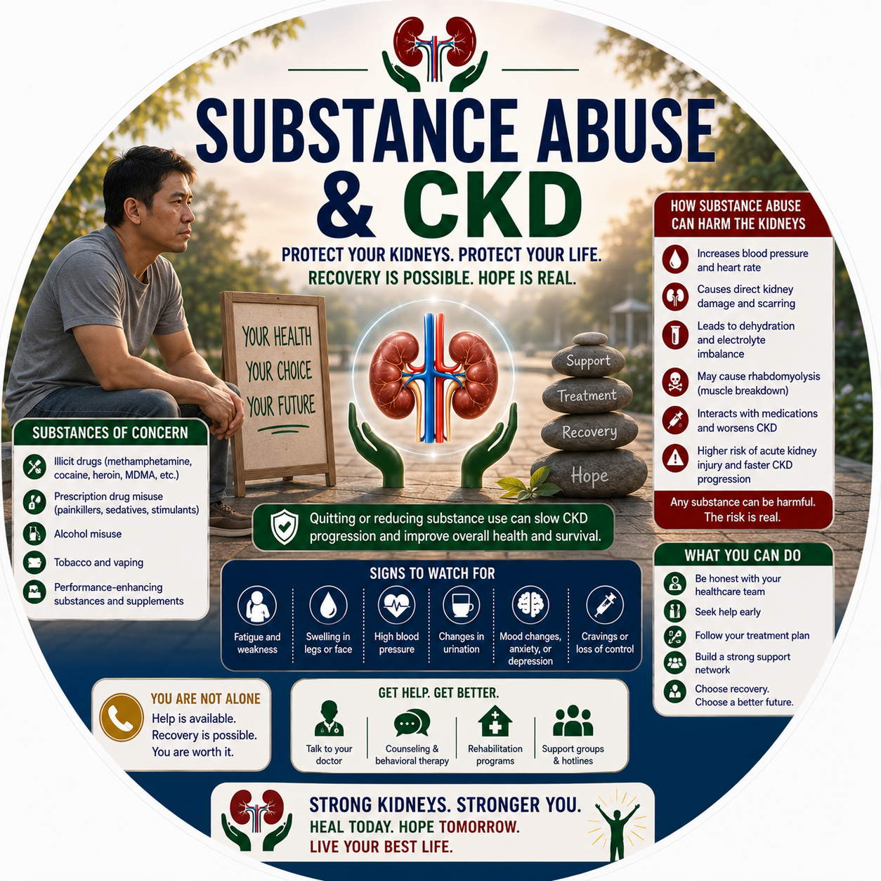Circular vignette hero illustration for the substance abuse and CKD guide.