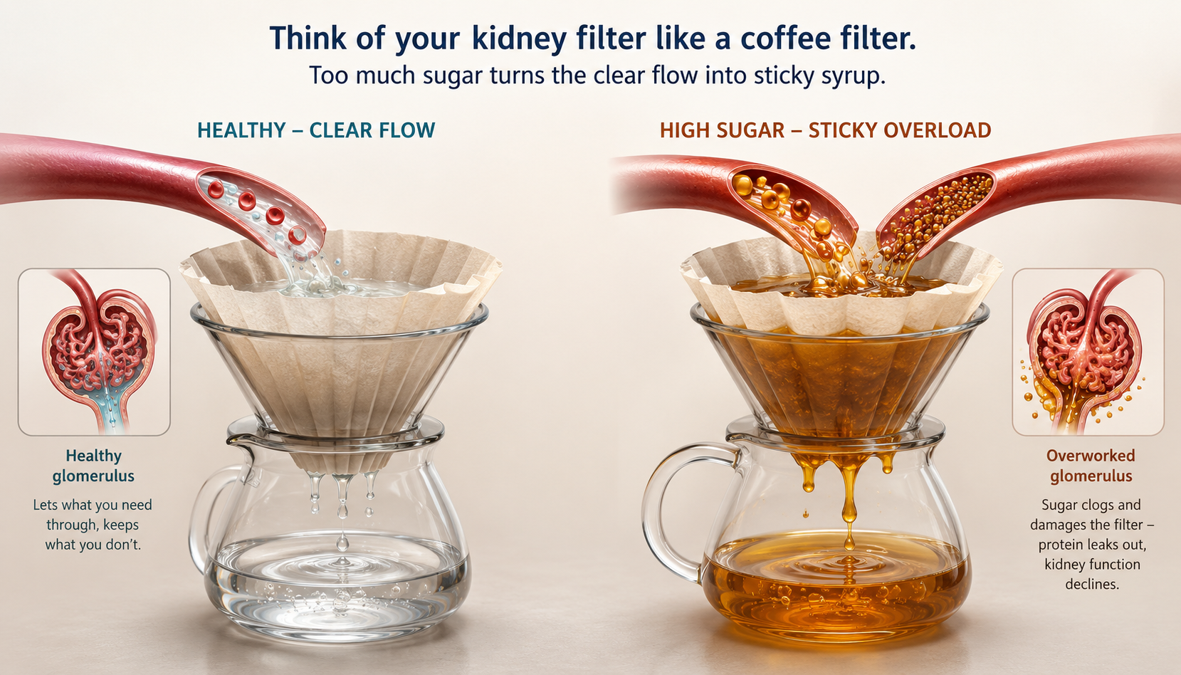 Side-by-side illustration of a clean kidney filter passing clear water and a sugar-coated filter clogged like a syrup-thickened strainer, with albumin leaking into the urine.