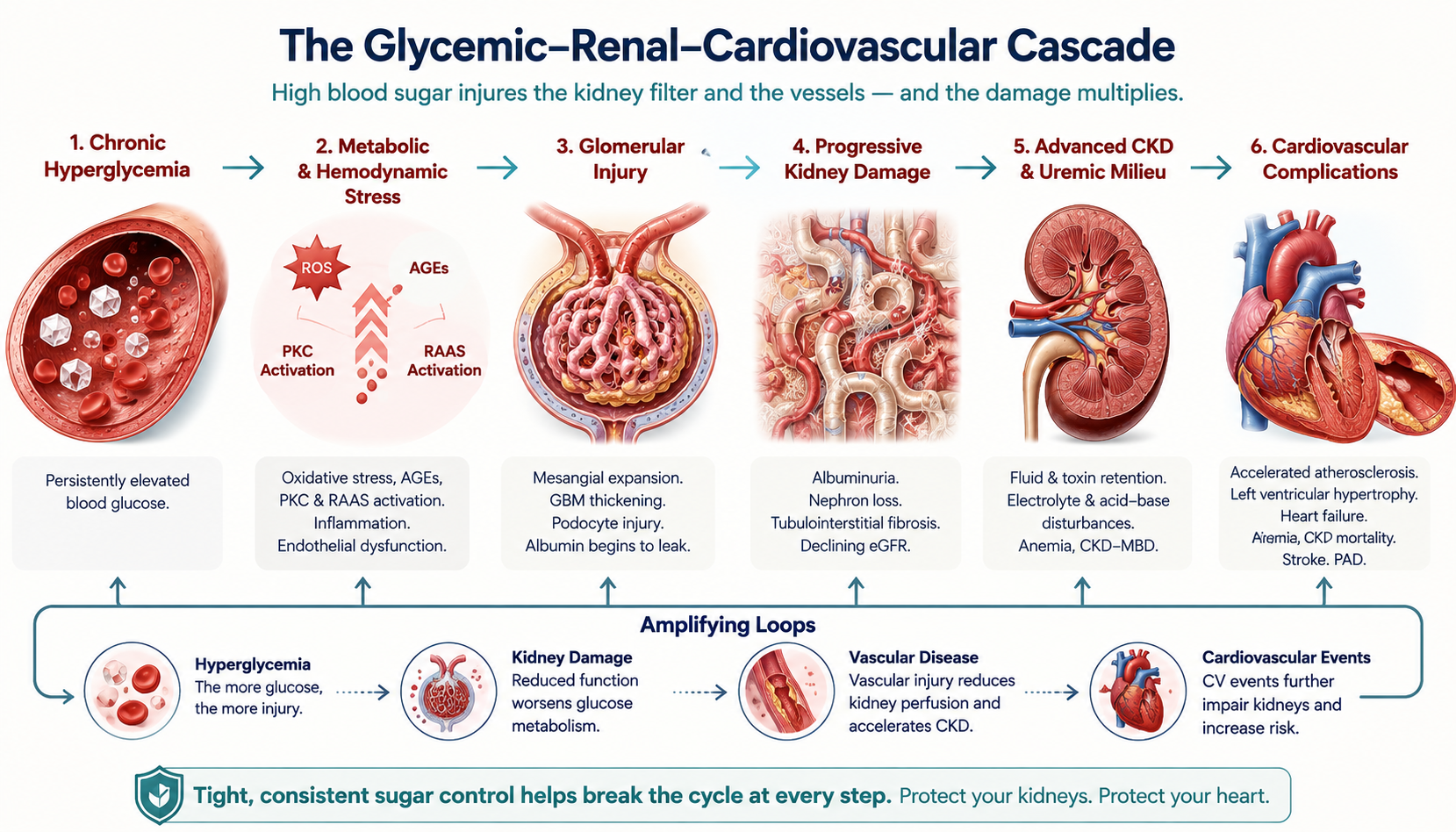 Flow diagram of the glycemic-renal-cardiovascular cascade: hyperglycemia to SGLT2-mediated reabsorption to blunted tubuloglomerular feedback to hyperfiltration to intraglomerular hypertension to albuminuria and fibrosis, with RAAS and AGE side loops converging on cardiovascular risk.