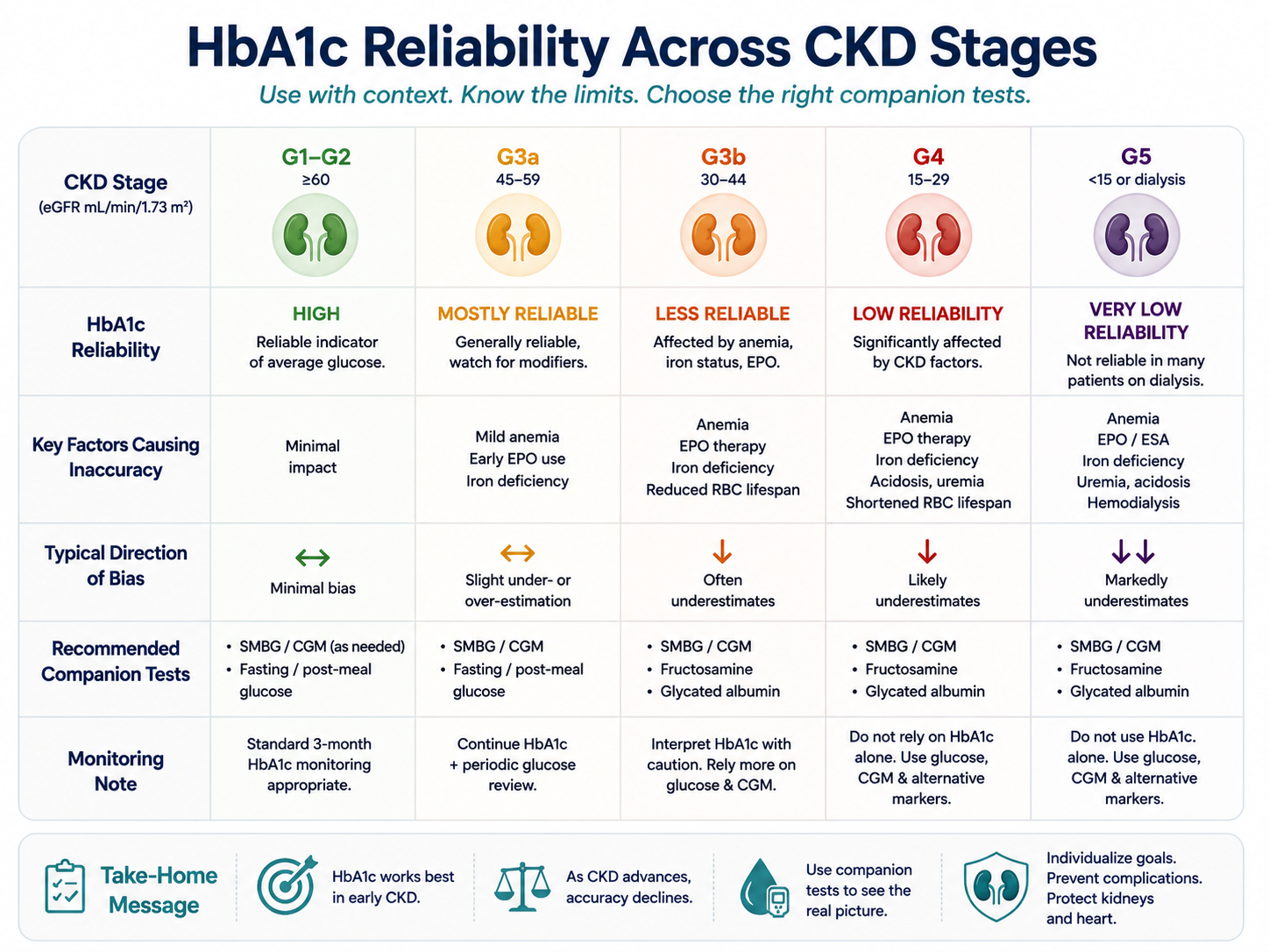 Reference card grading HbA1c reliability by CKD stage: reliable at G1–G2, cautionary at G3, and unreliable (biased low) at G4–G5 and dialysis, with what to trust instead in each row.