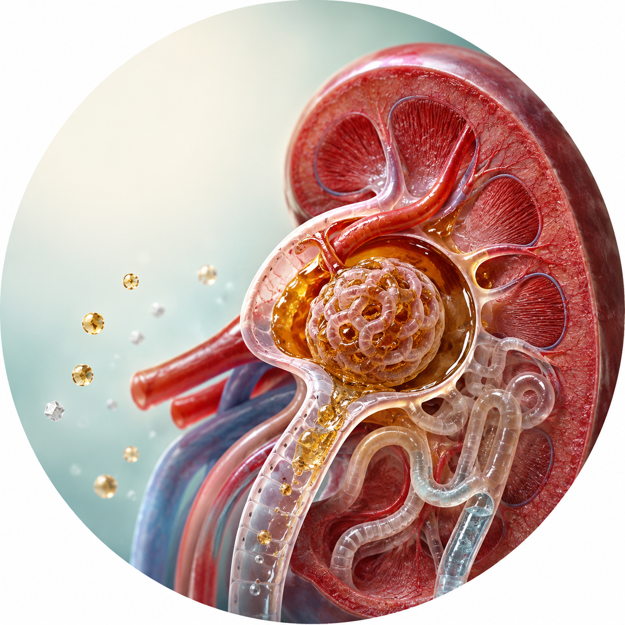 Circular vignette hero illustration for the blood sugar and kidney disease guide.