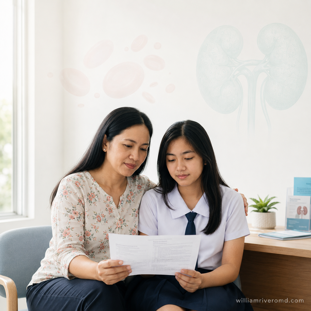 Filipino mother and teenage daughter reviewing lab results together in a bright nephrology clinic — Thalassemia and CKD patient guide by Dr. W. G. M. Rivero