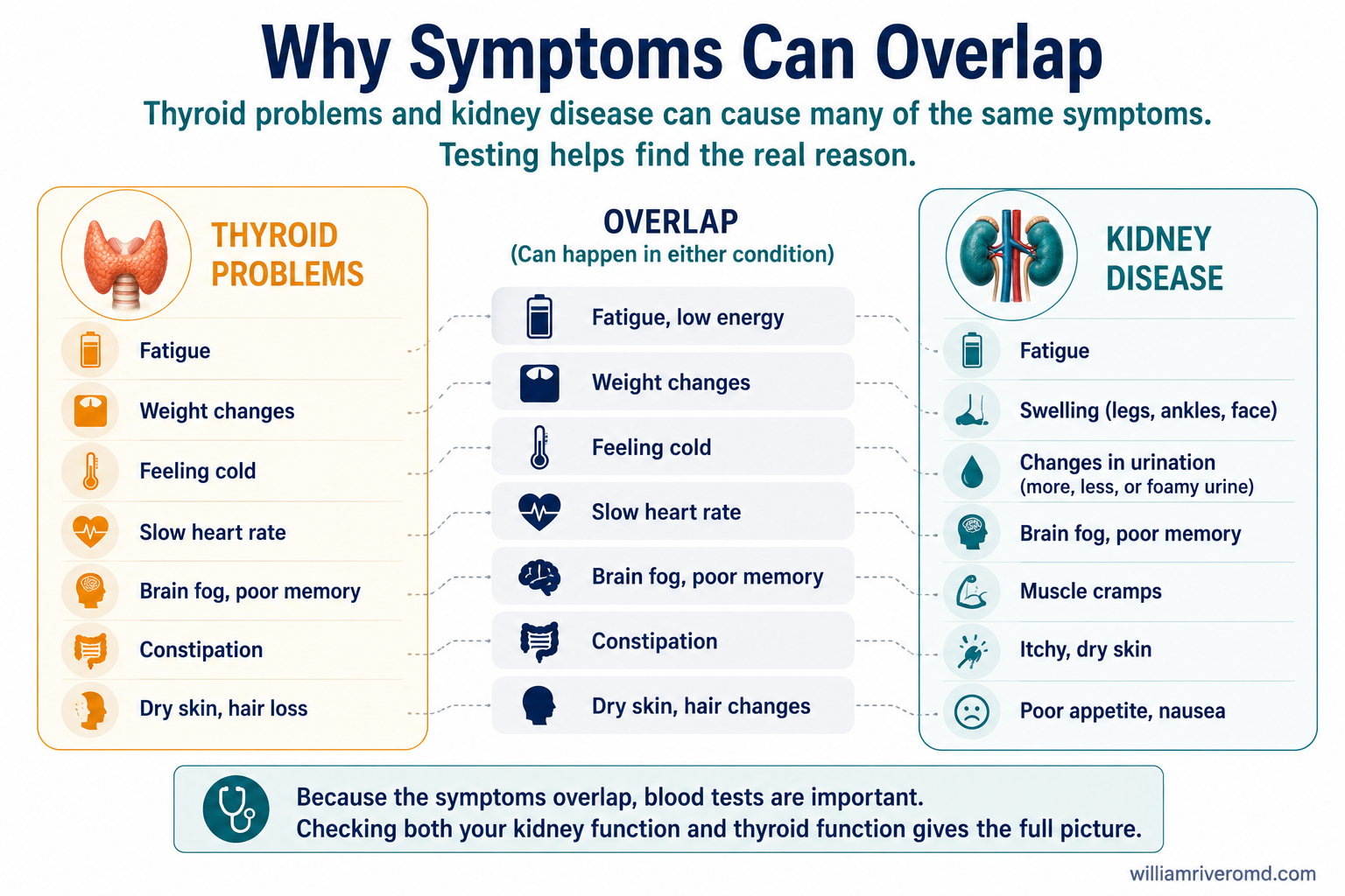 Venn diagram showing symptom overlap between hypothyroidism and CKD: fatigue, swelling, constipation, brain fog, and more appear in both