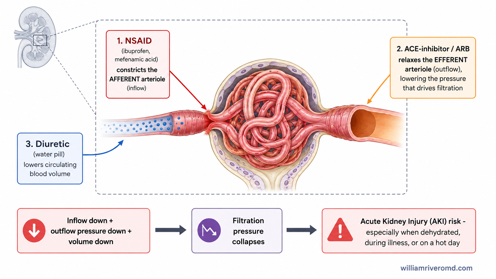 Triple whammy diagram — an NSAID constricting the afferent arteriole, an ACE-inhibitor or ARB relaxing the efferent arteriole, and a diuretic lowering blood volume, together collapsing glomerular filtration, by W Rivero, MD