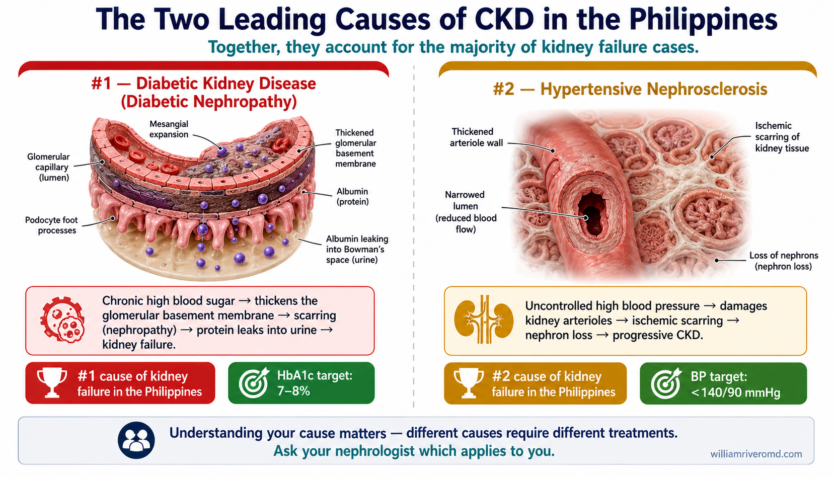 Side-by-side comparison: Diabetic Kidney Disease (#1 cause in the Philippines) vs Hypertensive Nephrosclerosis (#2 cause) — mechanisms, targets, and why controlling each cause protects the kidneys