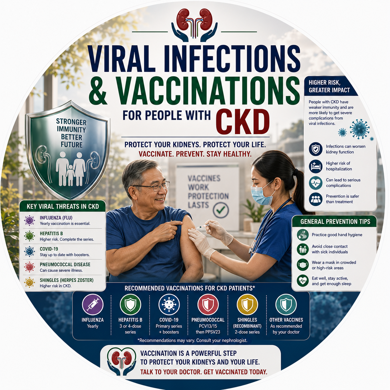 Circular vignette hero illustration for the viral infections and vaccinations in CKD guide.